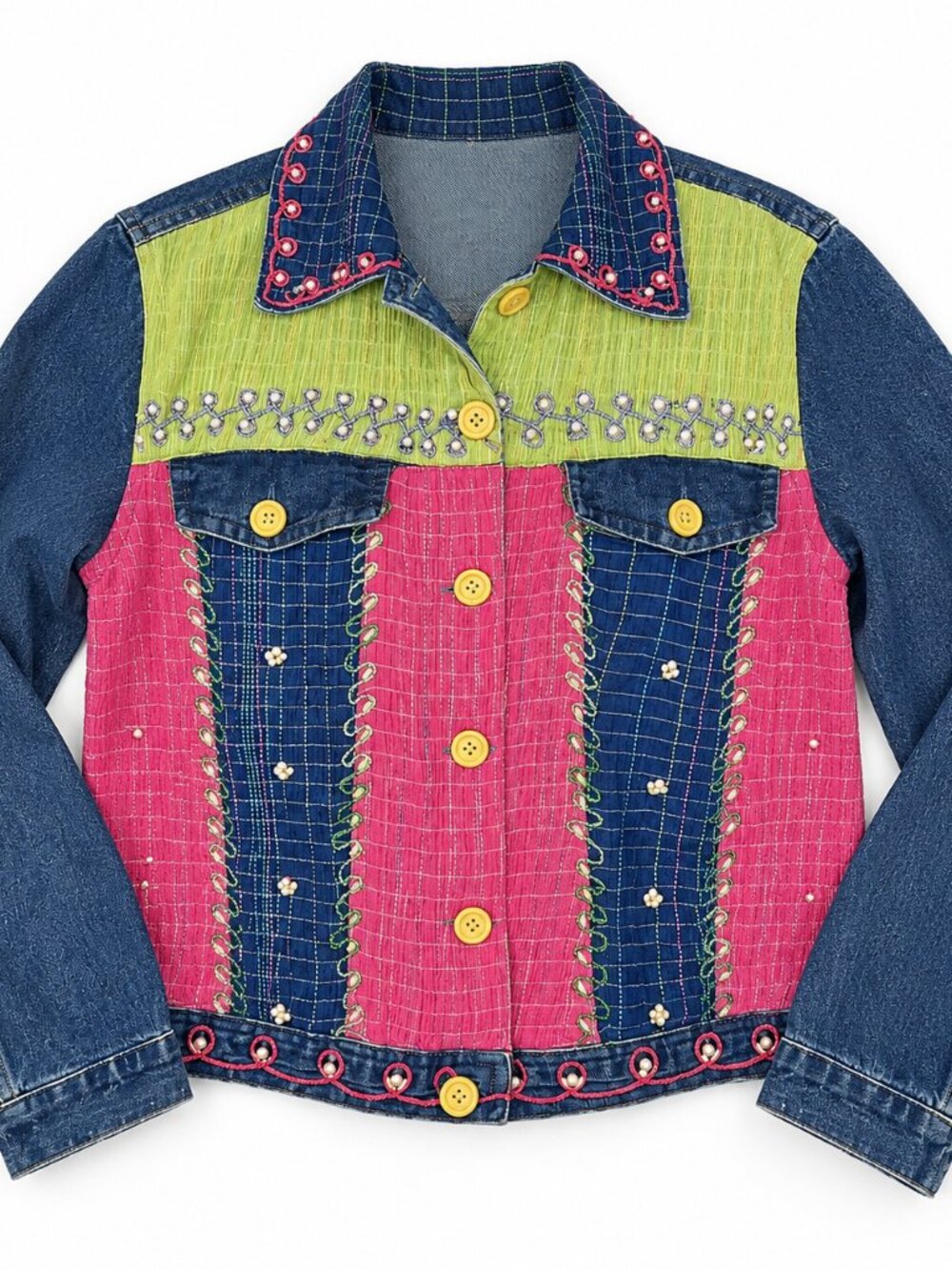 Vintage Patchwork Denim Jacket Women’s M/L Beaded Embroidered Art to Wear Y2K